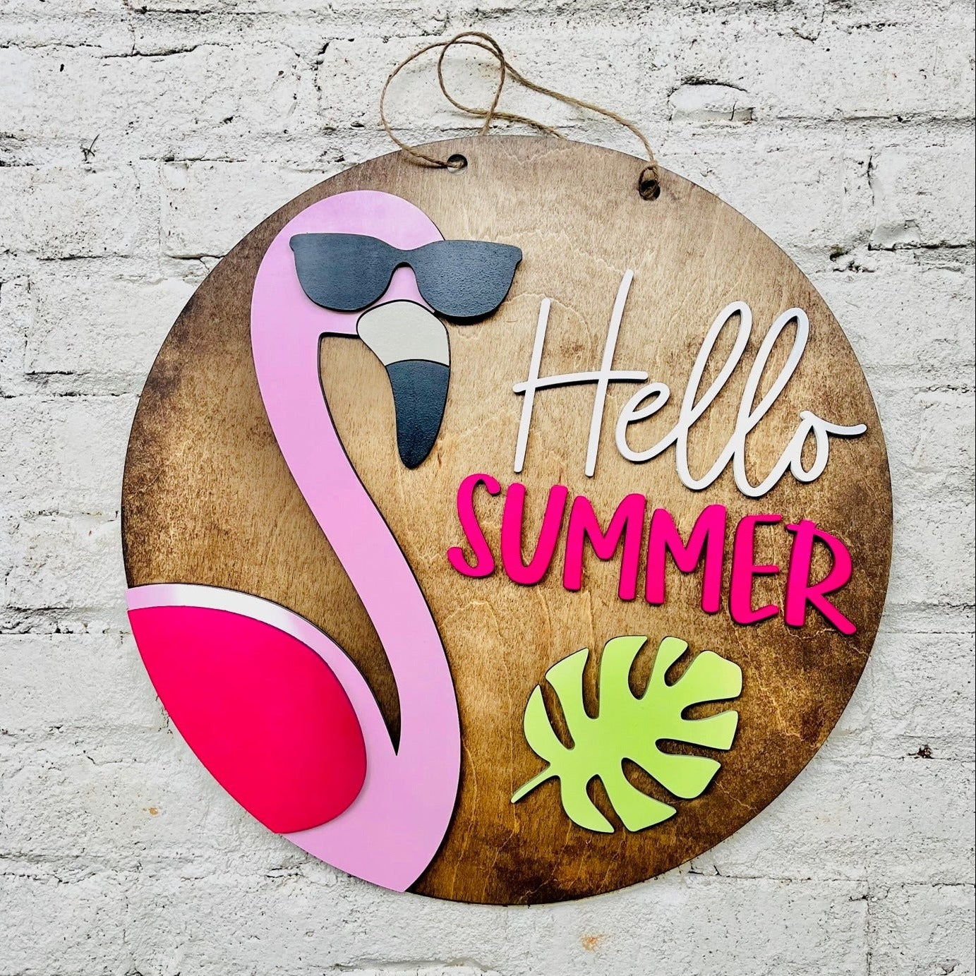 Hello Summer Flamingo Round Sign