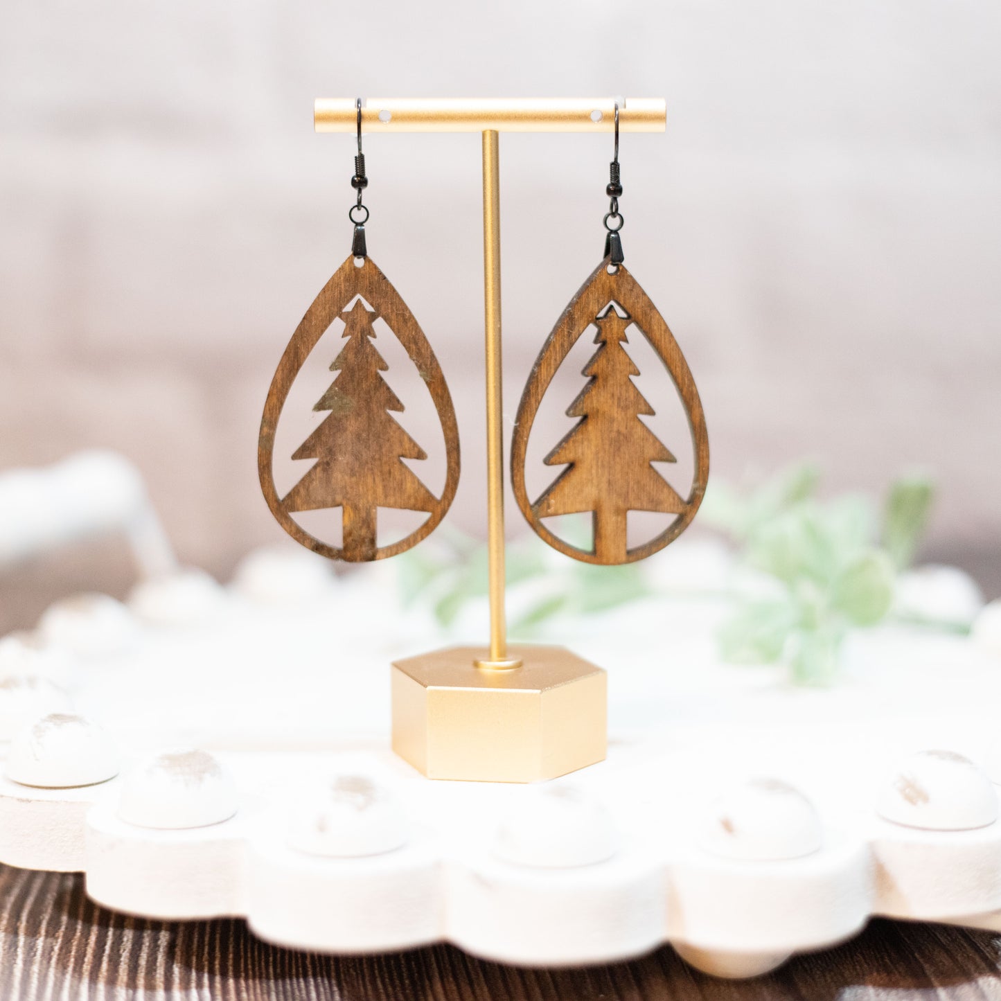 Christmas Wooden Tear Drop Earrings