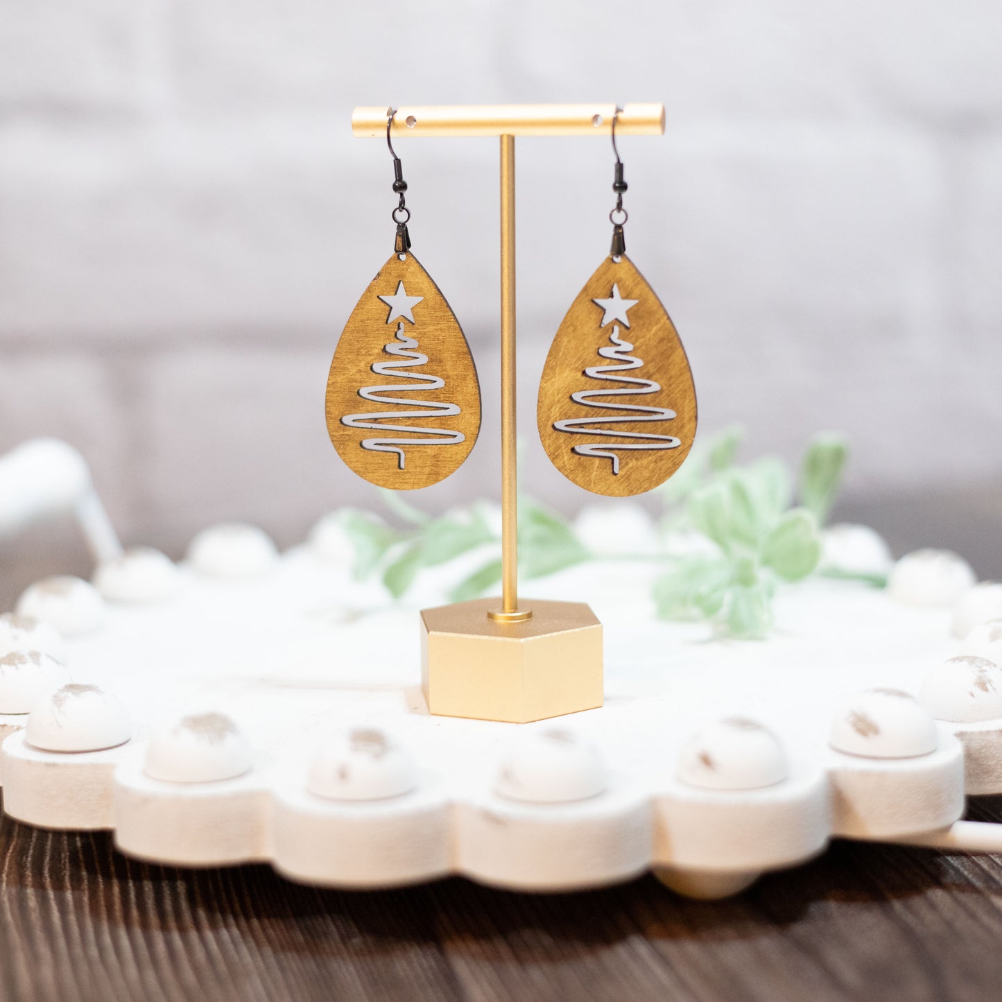 Christmas Wooden Tear Drop Earrings