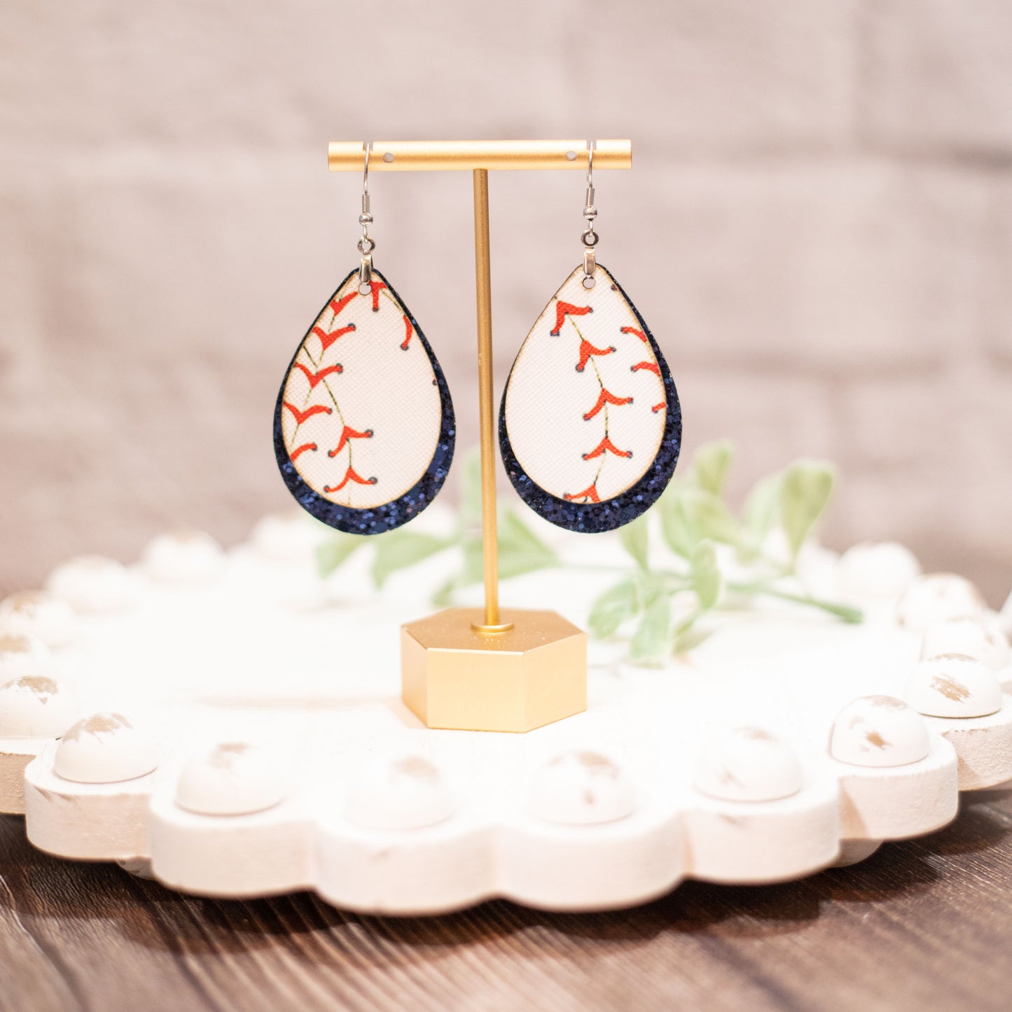 Leather Baseball Tear Drop Earrings