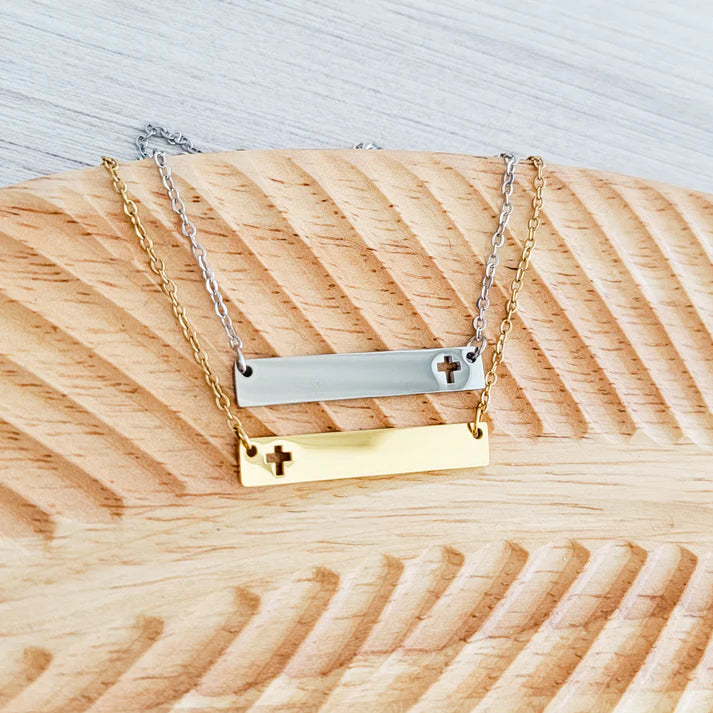 Engraved Horizontal bar necklace with cross