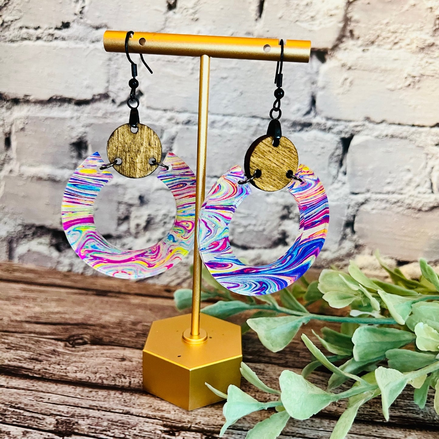 Acrylic & Wooden Hoop Earrings
