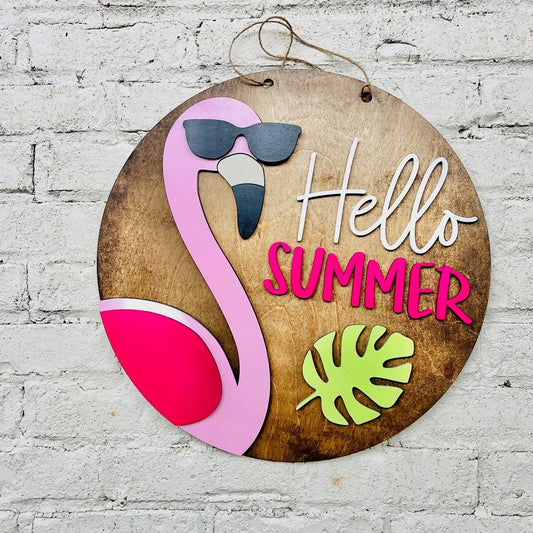 Hello Summer Flamingo Round Sign