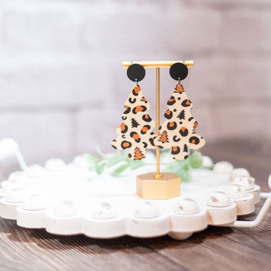 Leopard and Black Christmas tree earrings