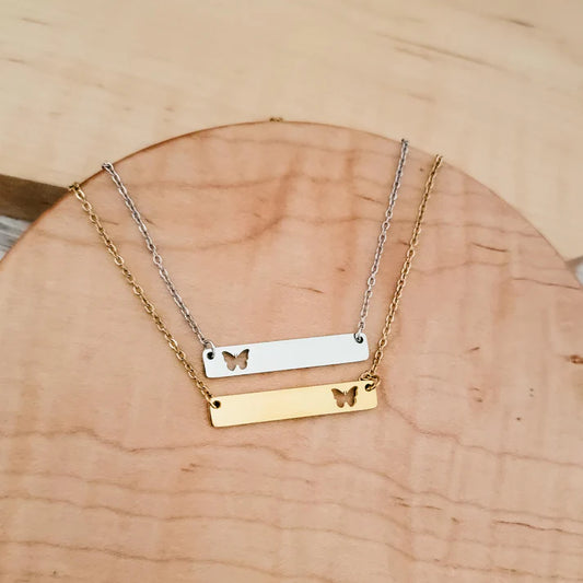 Horizontal bar necklace with butterfly cut out