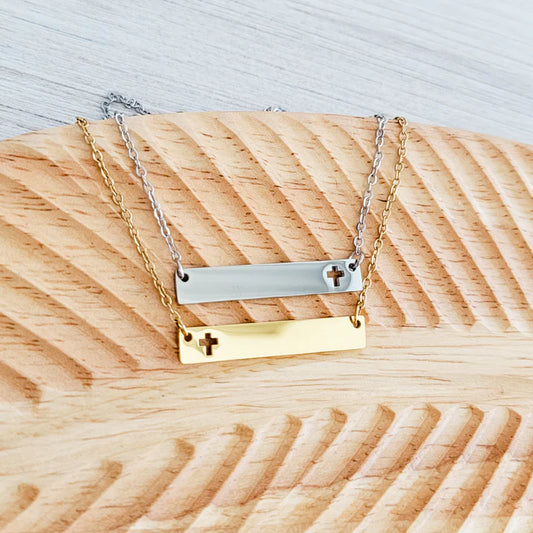 Engraved Horizontal bar necklace with cross