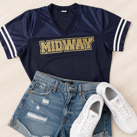 A navy blue athletic-style V-neck T-shirt with white sleeve stripes and a glittery gold 'MIDWAY' graphic across the chest, styled in a flat lay with distressed denim shorts and white sneakers on a light wood background.